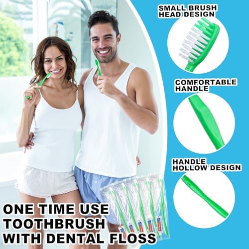 Disposable Toothbrushes with Toothpaste and Floss,50Pcs Green Single Use Individually Wrapped Disposable Travel Toothbrushes and Dental Floss Kit Bulk for Homeless,Airbnb,Hotel,Dentist