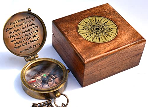 for I Know The Plans I Have for You Engraved Compass with Wooden Box,Jeremiah 29 11,Christian Gifts for Men, Catholic Gifts,Baptism Gifts,Gift Compass,Graduation Gifts for Women Mens Boy Girls-Gifts