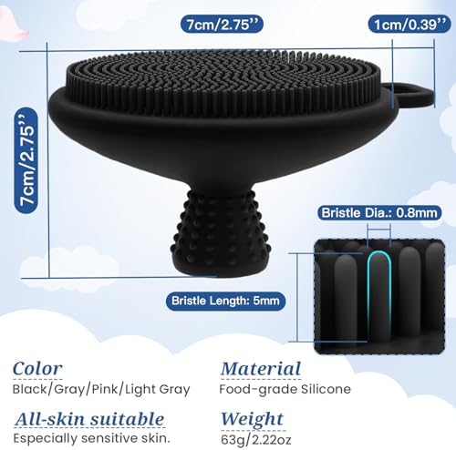 Silicone Face & Back Scrubber Set, Manual Face & Body Scrubber Exfoliator with Soft Bristles and Non-Slip Handle, Back Brush Bath Brush with 2 Detachable Brush Heads(3PCS Black Set)
