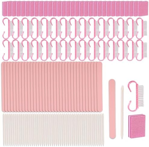 Disposable Manicure kit Press On Nail Tool Kit for Salon Home, Mini Nail Buffer, Nail File, Wood Stick, Nail Brush (Pink, 50 Set)