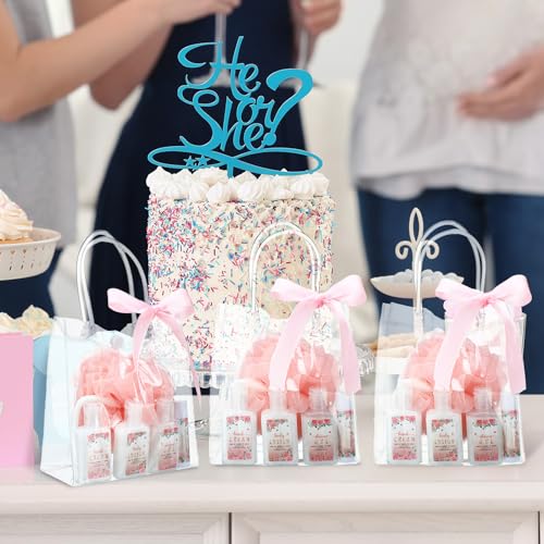 Demissle 6 Sets Baby Shower Game Prizes for Winners Baby Shower Favors Gifts Include Lip Balms Hand Creams Body Lotions Bath Loofah Sponges Gift Bags(Pink Flower)