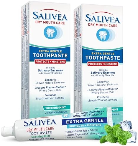 SALIVEA Gentle Toothpaste for Dry Mouth Care, 4.3 oz Tube, 2 Pack, Anticavity with Fluoride, Natural Salivary Enzymes, Vitamin E & Aloe Vera, Cleans, Moisturizes & Refreshes Breath, Soothing Mint