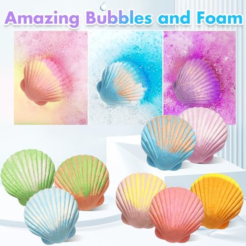 Mermaid Bath Bombs for Girls Kids with Toys Inside, 9 Pcs Natural Handmade Shell Bubble Bath Bomb Kit for Girls with Jewelry Surprise, Pefect for Christmas Easter Birthday Gift Princess Party Favor