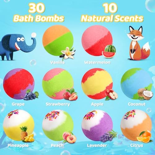 Bath Bombs for Kids with Toys Inside, 30 Pack Kids Bath Bombs Gift Set with 30 Sea & Land & Sky Animal Surprise Toy, Natural Organic Bubble Bath Toys for Kid, Birthday Gifts for Girls Boys