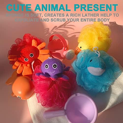 Loofah Exfoliating Shower Stuffed Sponge Pouf Mesh Brush with Animal Toys - Bath Spa Puff Scrubber Ball - Body Poof for Children Kids - Rich Foams Bubble（4.7" Each） Pack of 4