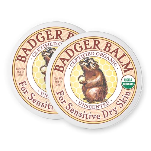 Badger Balm Unscented, 100% Organic Olive Oil & Beeswax, Fragrance Free Hand Cream, Long Lasting Sensitive Skin Moisturizer, 2 oz Tin, 2-Pack