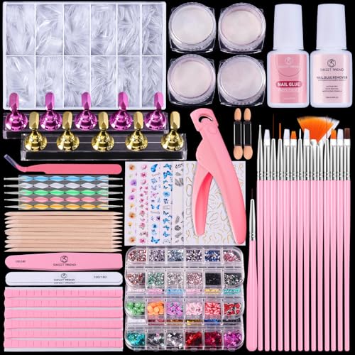 Nail Art Decoration Design Kit: Acrylic Brushes Tools Set with 600 Fake Nail Tips - Chrome Powder Nail Glue & Remover Nail Rhinestones Charms Gems - Press On Supplies Nail Stand Clipper Dotting Tool