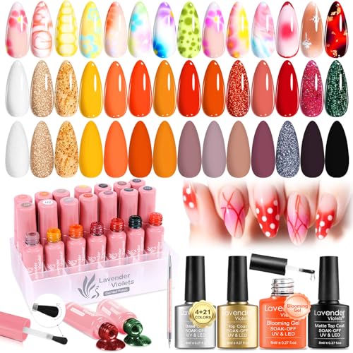Lavender Violets 26 PCS Blooming Gel Nail Polish Set, 21 Colors Marble Flower Watercolor Solid Glitter Red Brown Green Black with Base Coat Glossy and Matte Top Coat Liner Brush Pen C406