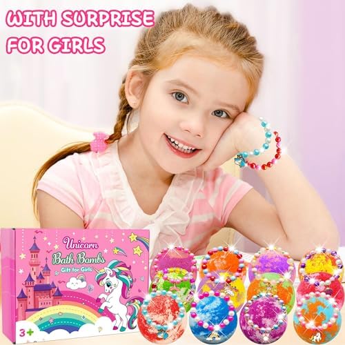 Unicorn Bath Bombs for Kids Girls 3 4 5 6 7 8 Years Old Birthday Gift for Girls Bath Bombs with Toys Surprise Jewelry Inside for Kids Toddler Girl Birthday Christmas Gifts Easter Basket Stuffers