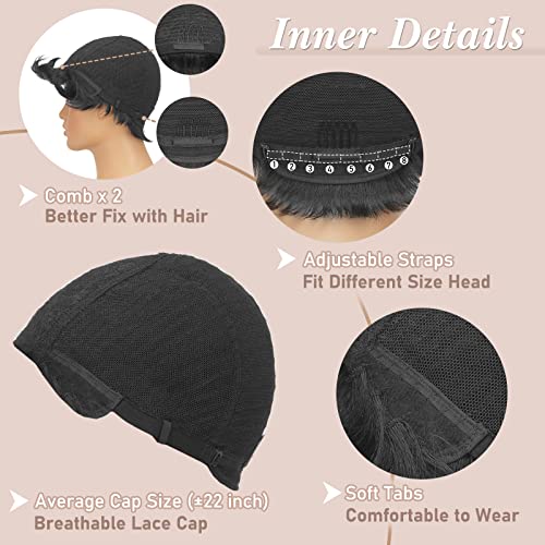 RUWISS Pixie Cut Wig Human Hair Pixie Wigs for Black Women with Bangs Natural Short Black Wig Layered Wavy Different Style Short Wigs for Black Women (1B#)