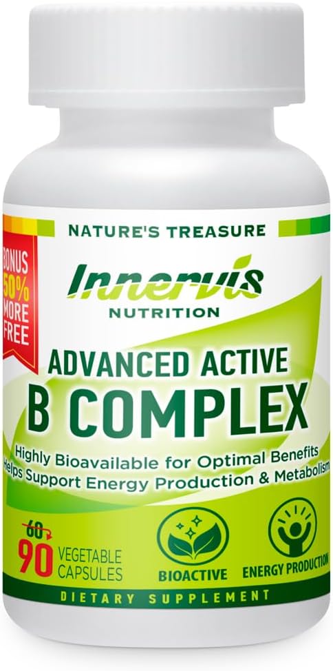 Advanced Active Vitamin B-Complex - Highly Bioavailable for Energy, Brain & Metabolism Support- Vegetarian, 3rd Party Lab Tested (90 Capsules - 45 Day Supply)