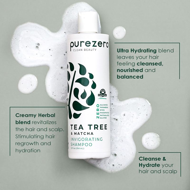 Purezero Tea Tree & Matcha Shampoo and Conditioner Set - Nourishing & Invigorating Scalp Treatment - Zero Sulfates, Parabens, Dyes Vegan and Cruely Free (12 Fl Oz (Pack of 2))