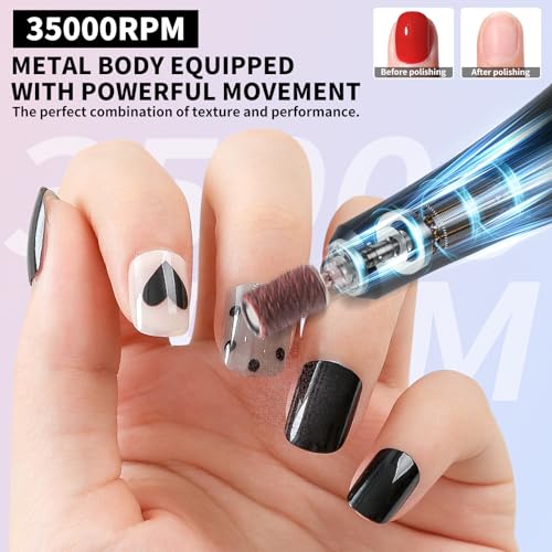 Portable Nail Drill Cordless,35000 RPM Electric Nail File with Holder,Rechargeable Nail Drill E Filer for Nails,Electric Nail Buffer Nail Filer Electric Tool for Women (Pink)