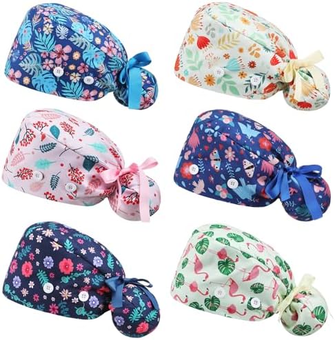 6 Pcs Scrub Caps for Women Doctor Nursing Hats with Buttons Adjustable Tie Back Working Cap Bouffant Scrub Hats for Women Men