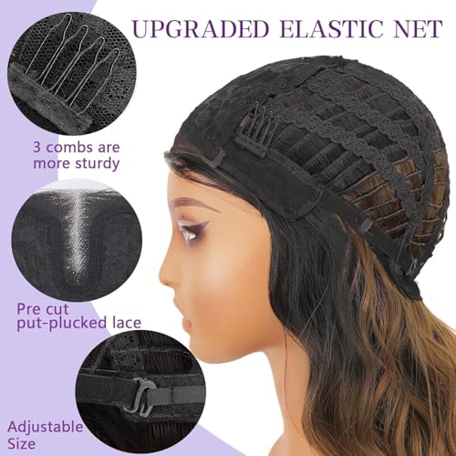 AISI HAIR 14 Inch Ombre Blonde Wigs for Women - Shoulder Length Wave Wig with Pre-Cut Lace Hairline, Middle Part Natural Wavy Bob Synthetic Heat Resistant Fiber for Daily and Party