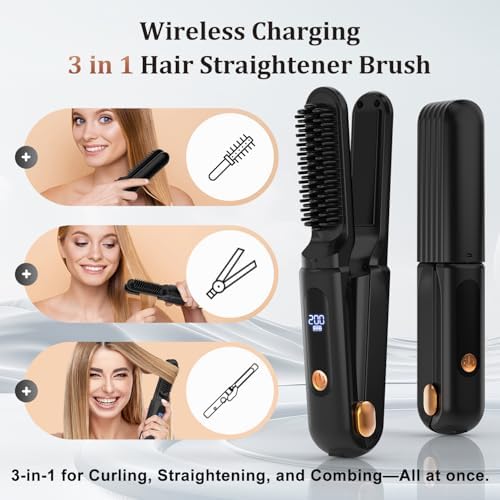 Cordless Hair Straightener Brush 3 in 1,Cordless Rechargeable Hair Straightener Comb Clip 5000mAh,Portable Travel Straightener,Mini Hot Straightening Comb for Women,Ceramic Coating,Black