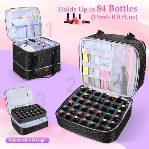 Nail Polish Organizer Case - Holds 84 Bottles Nail Polish & Nail Lamp Large Nail Polish Organizer Bag for Manicure Tools, Nail Polish Kit (Black)