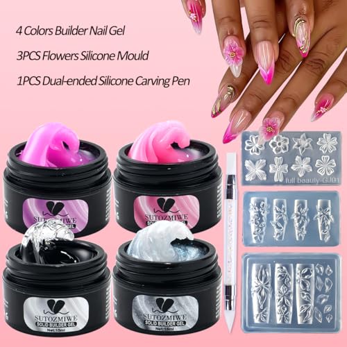 Solid Builder Gel for Nails,4 Colors Non-Sticky 3D Nail Sculpting Gel for Nail Art Flower Carving Modeling Design Hard Gels Nail Extension Glue with 3D Silicone Mold for Manicure Salon or Home DIY