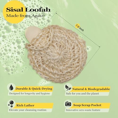 Natural Handwoven Sisal Loofah Body Scrubber - Organic Shower Sponge Made from Premium Agave Fibers - Arabic-Turkish Style with Bar Soap Pouch - Natural Body Scrubber for Men & Women