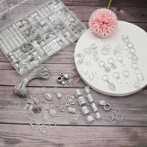 Fscwlmon 309Pcs Hair Jewelry for Women Braids,Hair Loc Cuff Coils Rings for Dreadlock Accessories,Locs Hair Tube Beads Decorations,Braid Clips Hair Charms Braids Accessories Silver