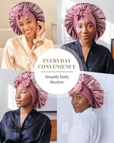 AWAYTR 100% Mulberry Silk Hair Bonnet for Women Sleeping with Tie Band 19 Momme Silk Sleep Cap Night (US, Alpha, One Size, Pale mauve)