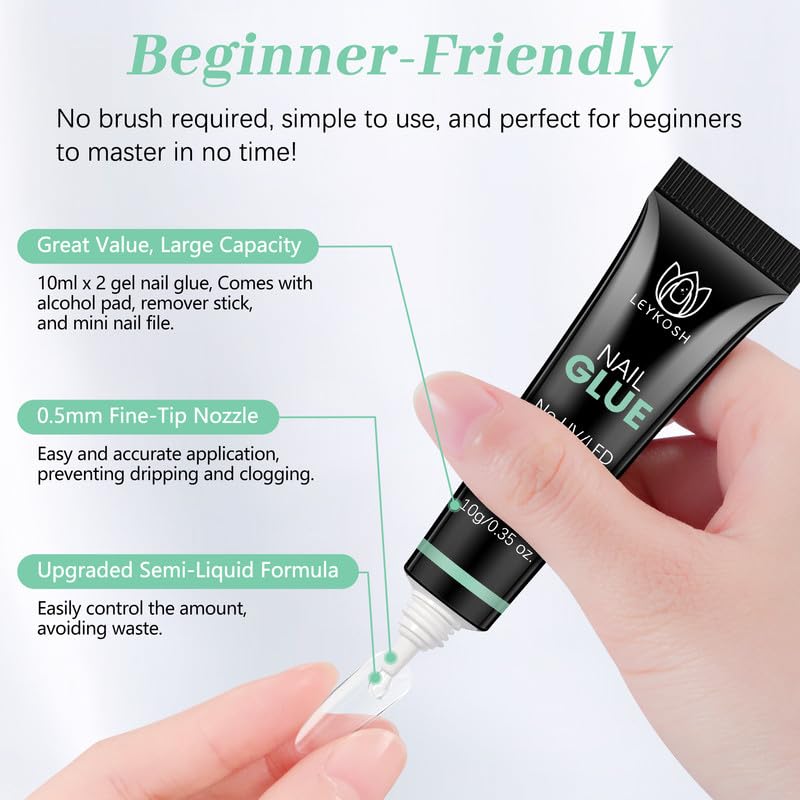 Nail Glue for Press Ons, 10s Fast-Drying No U V Light Needed - Upgrade Super Strong Semi Solid Nail Glue Last Up to 28+ Days & Easy to Remove, 10g*2 High Capacity Suitable for Fake & Acrylic Nail Tips
