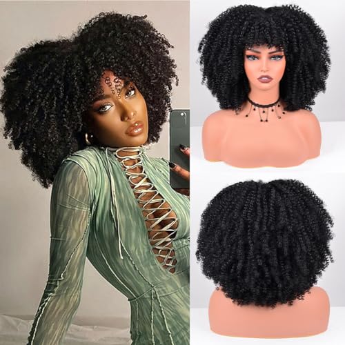 Afro Curly Wig with Bangs 12 Inches Synthetic Afro Wig for Women about 280g/Pcs Heat Resistant Black Short Kinky Curly Wigs for Daily Party