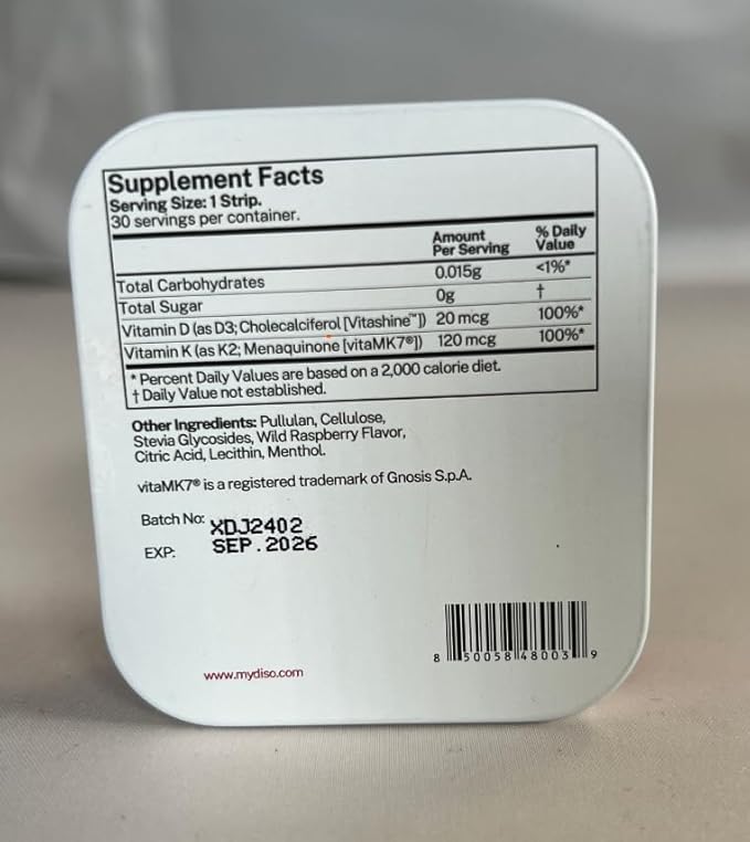 DISO - D3+K2 - Dissolvable Supplement Oral Strips, Wild Raspberry Flavor, Vegan, Sugar Free, Maximum Absorption, Gluten Free, Individually Wrapped, for Healthy Bones and Teeth, 30 Count