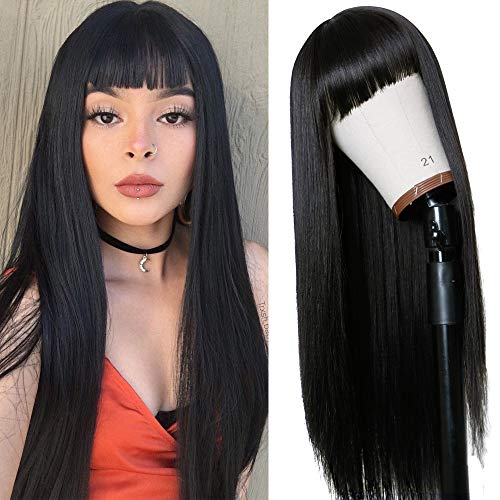 Long Straight Remy Hair Wigs Natural Black Heat Resistant Fiber Hair Full Machine Wig with Bangs Cosplay Party Wig For Fashion Women (24 Inch)