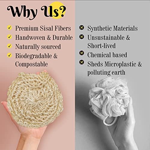 Natural Handwoven Sisal Loofah Body Scrubber - Organic Shower Sponge Made from Premium Agave Fibers - Arabic-Turkish Style with Bar Soap Pouch - Natural Body Scrubber for Men & Women