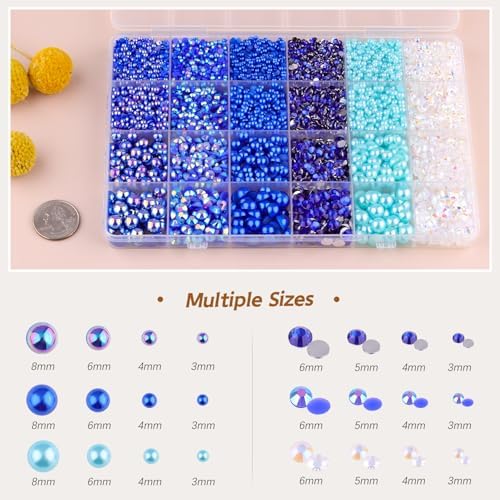 9000PCS Flatback Pearls and Rhinestones for Crafting, Dark Blue 3-10mm Resin Rhinestones and Half Pearls for Bedazzling, Nail Art and Dec with 3pcs B7000 Jewelry Glue, Tweezer and Pickup Pencil