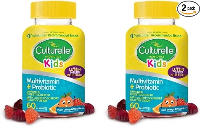 Culturelle Kids Multivitamin + Probiotic for Kids (Ages 2+) - 60 Count, Peach-Orange & Mixed Berry Flavor - Digestive Health & Immune Support Gummies with Lutein to Support Eye Health (Pack of 2)