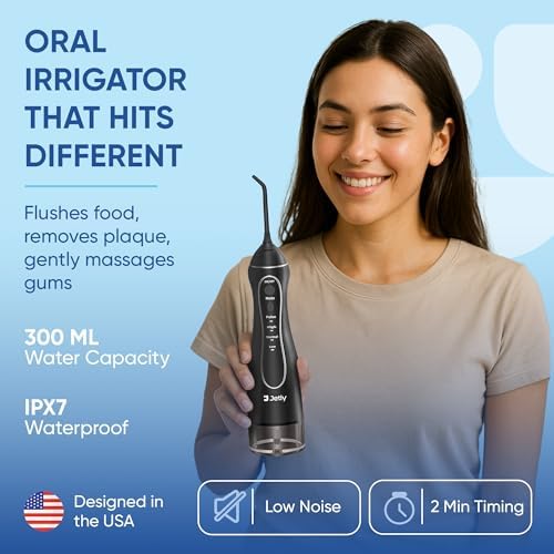 JETLY Water Dental Flosser Teeth Pick Cleaner: Travel Cordless Oral Irrigator 300ML Capacity Portable Rechargeable IPX7 Waterproof Electric Flossing Machine for Teeth Cleaning (Black)