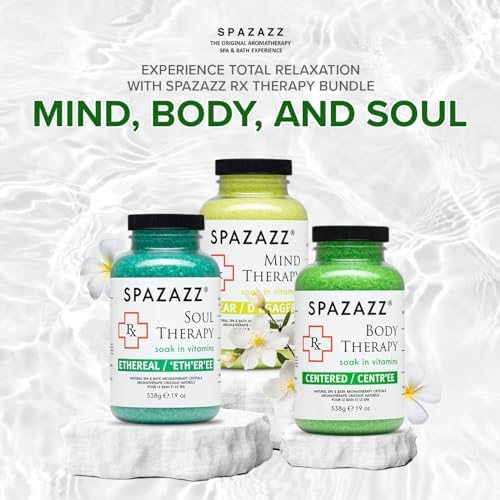 RX Therapy Spa and Hot Tub Aromatherapy Scented Relaxation Bath Salt Crystals - Mind Body and Soul Bundle Gift Set (19 Oz) Includes 5 Point Full Body Massage Tool & Hot Cold Towel (19OZ 3 Pack)