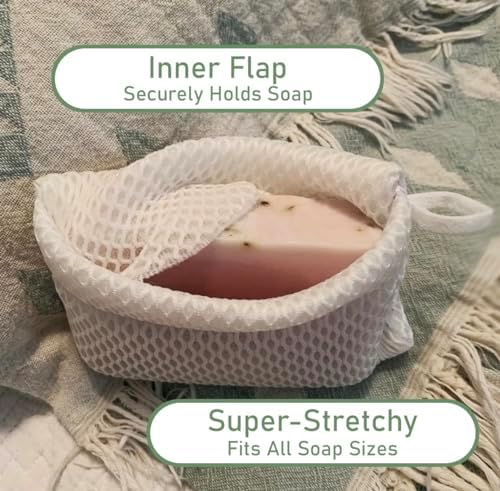 Soap Bag 100% Recycled & Made in North America - Soap Saver Pouch, Loofah Bath Scrubber for Bar Soap + Exfoliator (2-Pack Combo, Gentle and Deep Exfoliation)