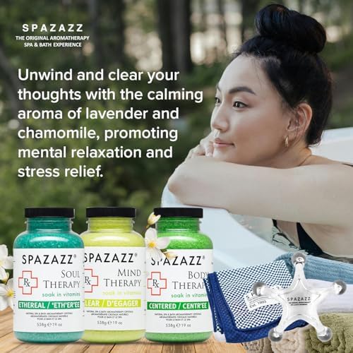 RX Therapy Spa and Hot Tub Aromatherapy Scented Relaxation Bath Salt Crystals - Mind Body and Soul Bundle Gift Set (19 Oz) Includes 5 Point Full Body Massage Tool & Hot Cold Towel (19OZ 3 Pack)