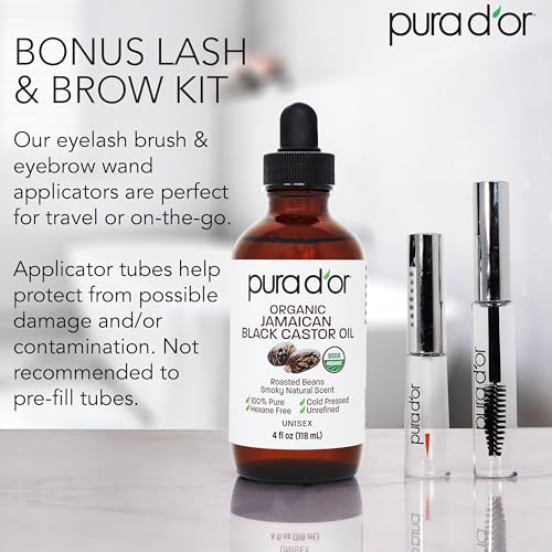 PURA D'OR 4 Oz ORGANIC Jamaican Black Castor Oil - Natural Smoky Scent - w/ 2 BONUS Empty Brushes - 100% Pure USDA Certified Cold Pressed & Roasted, Hexane Free Eyelash & Eyebrow Serum