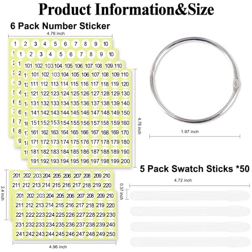 SIUSIO 250 Pcs Oval Nail Swatch Sticks with Metal Split Ring and Numbered Tips - Clear Fan-shaped Color Display for Nail Art Polish Practice