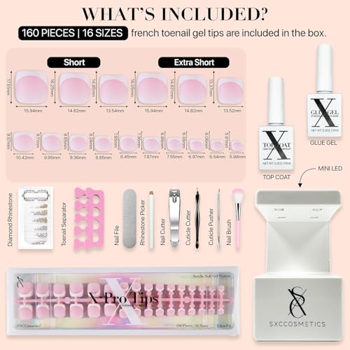 SXC Cosmetics X-Pro Tips French Tip Press On Toenails for Women, Acrylic Soft Gel System (Short French Pink, Short)