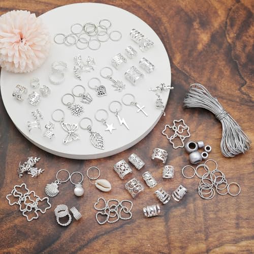Fscwlmon 309Pcs Hair Jewelry for Women Braids,Hair Loc Cuff Coils Rings for Dreadlock Accessories,Locs Hair Tube Beads Decorations,Braid Clips Hair Charms Braids Accessories Silver
