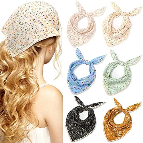 Dingion 6 Pcs Floral Hair Bandanas Head Kerchief Women Bandana Print Chiffon Hair Scarf Triangle Head Kerchief with Ties