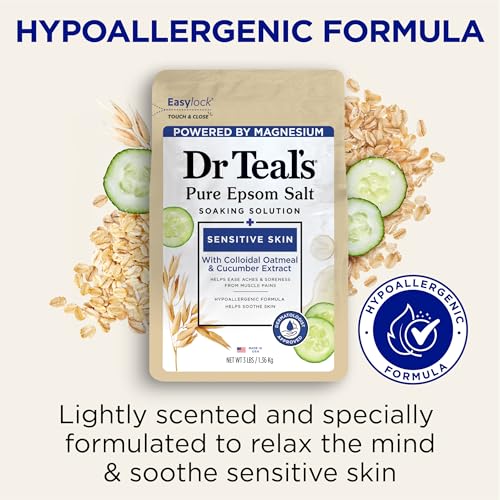Dr Teal's Epsom Salt Magnesium Soak, Sensitive Skin with Colloidal Oatmeal & Cucumber, 3 lbs (Pack of 4)