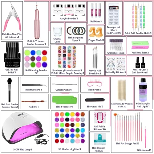 Acrylic Nail Kit, Acrylic Nail Set with Drill and UV Light,Professional Colored Acrylic Nail Powder Nail Starter Kit Decoration Tools with Everything for Beginners Full Acrylic Nail Supplies