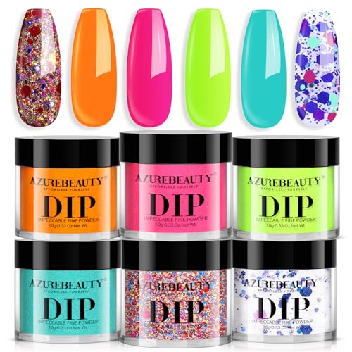 AZUREBEAUTY Orange Fluorescent Blue Green Dip Powder Nail Set, 6 Spring Summer Colors Dipping Starter Kit French Art Manicure DIY Mother's Gift for Women, No Need Lamp Cured