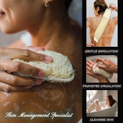 Natural Loofah and Sponge Set, Back Scrubber for Shower with Soap Bag. Body Exfoliating Loofah Sponge for Women and Men, 3-pcs