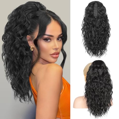 RONTAYA Ponytail Extension, 18 Inch Black Claw Clip Ponytail Extensions for Women, Multi Layered Fluffy Thick Wavy Jaw Clip in Fake Pony Tails Fake Hair Soft Synthetic Hairpiece
