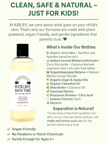 Kidlife Natural Bath Time 3 In 1 Shea & Organic Aloe Body Wash- No Phenoxyethanol Unscented 15 Oz. Kids Head to Toe All in one Bath and body Soap. Bubble Bath, Bodywash and Shampoo by KJ3 Essentials