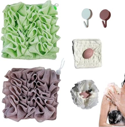 Loofah Washcloth for Bar Soap, Loofah for Bar of Soap, 2-in-1 Bath Loofah Sponge with Drawstring Shower Washcloth, Bath Sponge with Drawstring for Cleansing and Smooth Skin (2PCS Green+Coffee)