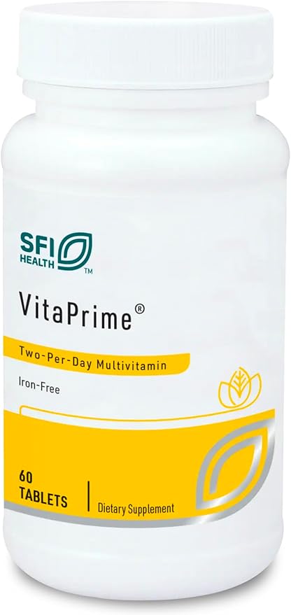 Klaire Labs SFI Health VitaPrime - Iron Free Multivitamin for Women & Men - Promote Immune Function & Support Nutritional Gaps - Two-Per-Day Multivitamin with Methyl Folate & B12 (60 Tablets)