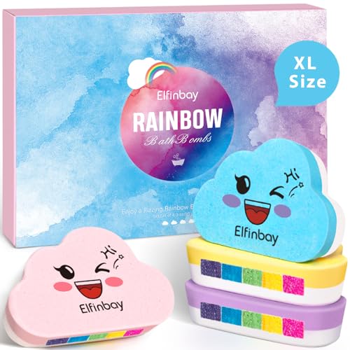 Rainbow Bath Bombs for Kids Girls, 4 XL Organic Kids Bath Bombs with Surprise Colors Inside, Cloud Bath Bomb for Women Relaxing, Stocking Stuffers Birthday Christmas Gifts for Girls